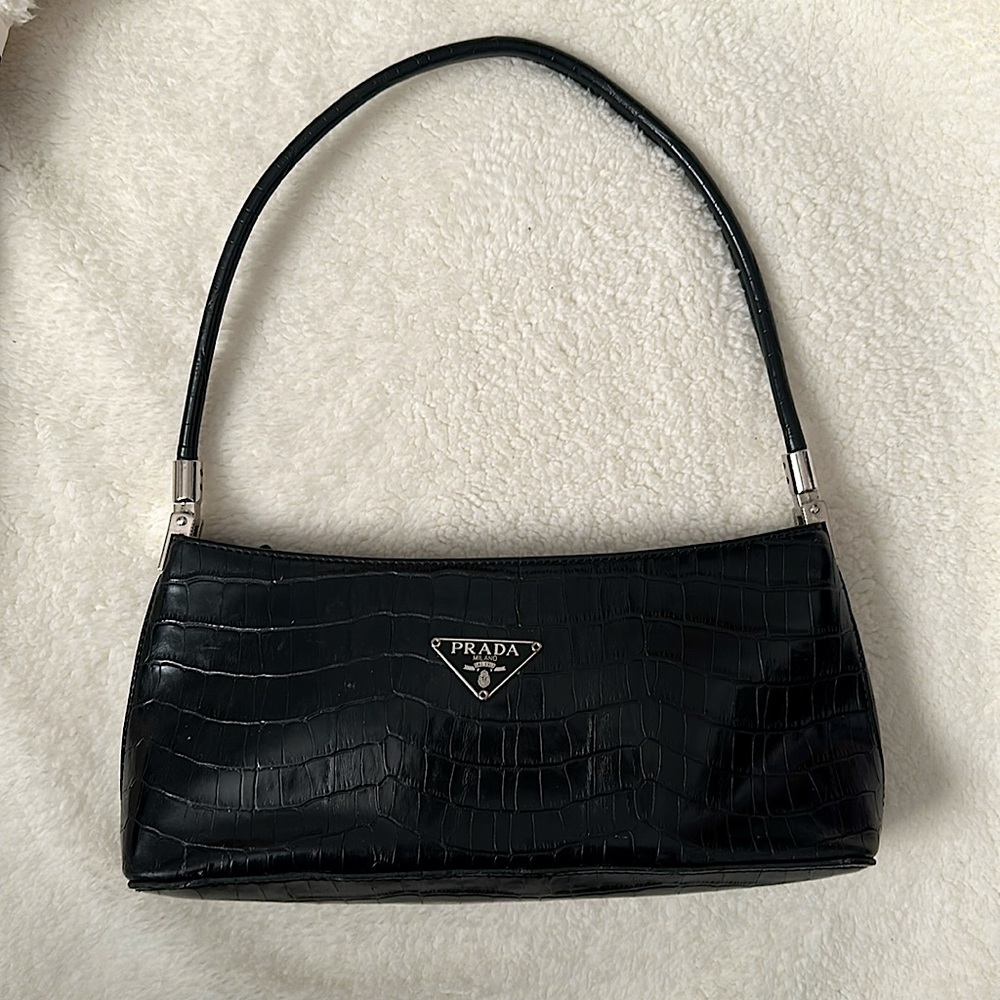 Prada Black Croc-Embossed Shoulder Bag